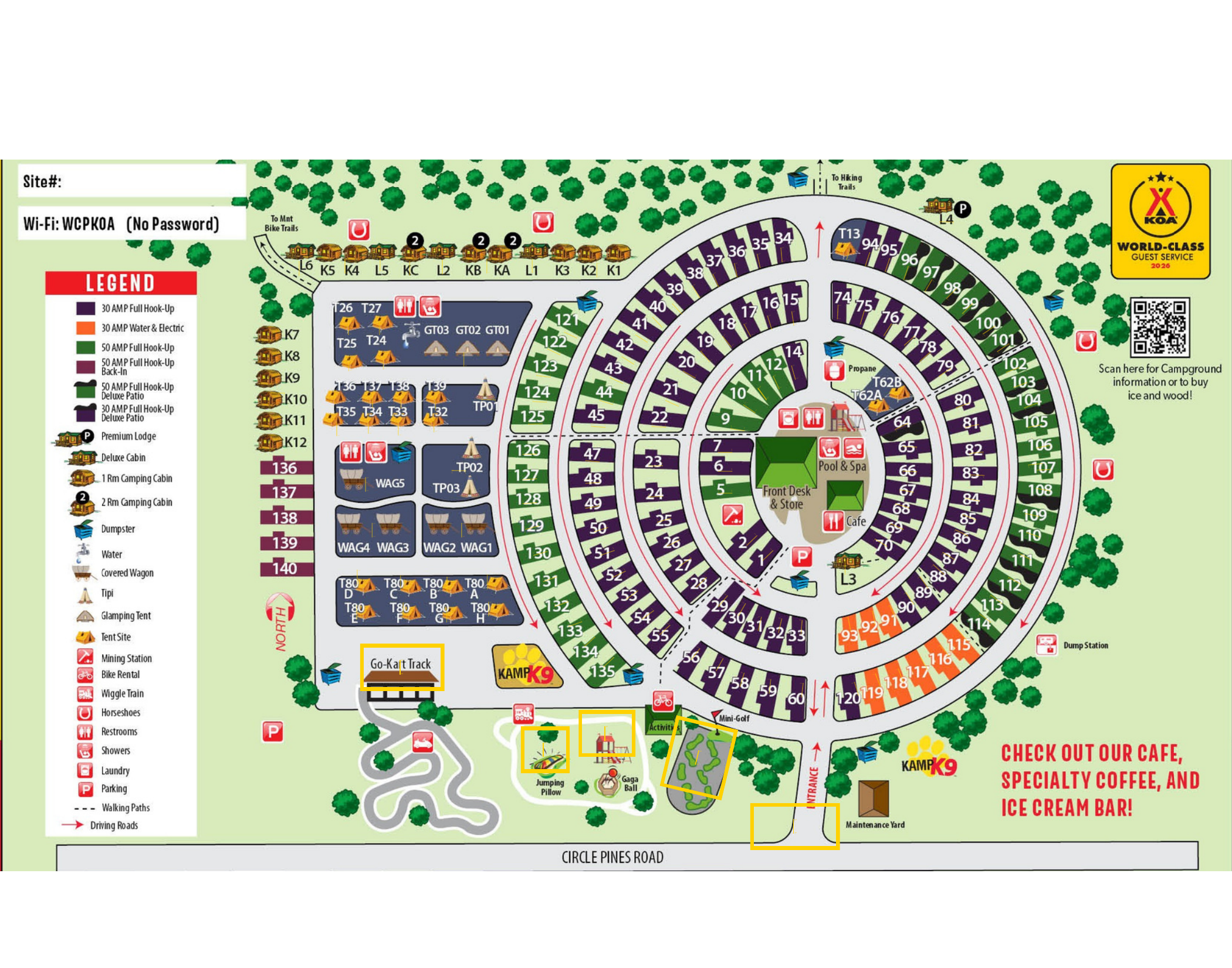 Clean Williams Circle Pines KOA campground map with numbered interactive facilities
